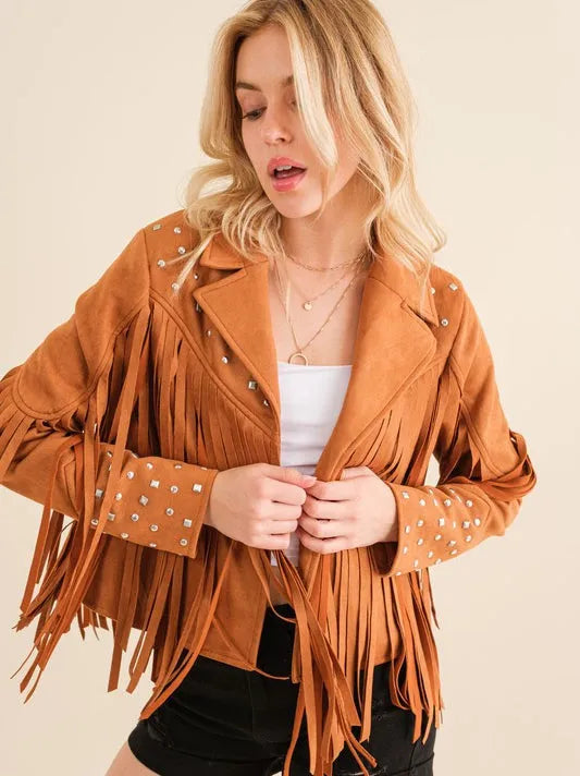 City Girl, Western Fringe Studded Suede Jacket in Camel-Women's Outerwear-Shop Z & Joxa