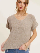 Classy and Fabulous Soft V-Neck Short Sleeve Sweater Top-Women's Clothing-Shop Z & Joxa