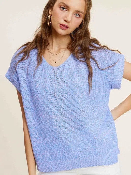 Classy and Fabulous Soft V-Neck Short Sleeve Sweater Top-Women's Clothing-Shop Z & Joxa