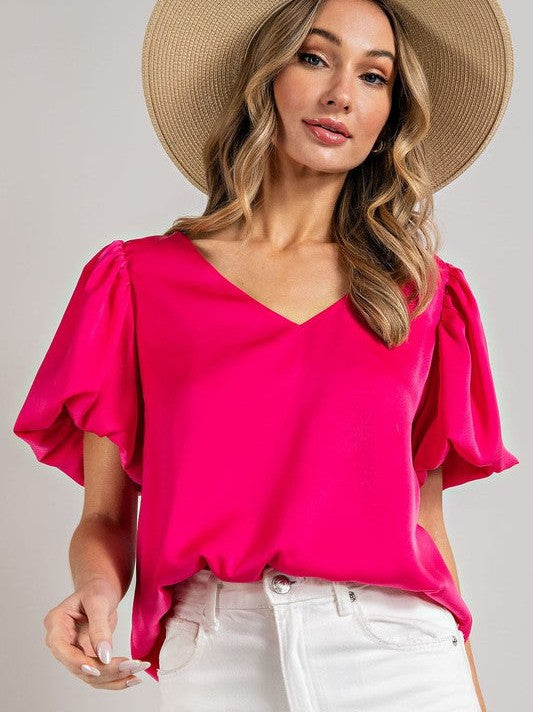 Colorful Days Puff Sleeve V-Neck Blouse-Women's Clothing-Shop Z & Joxa
