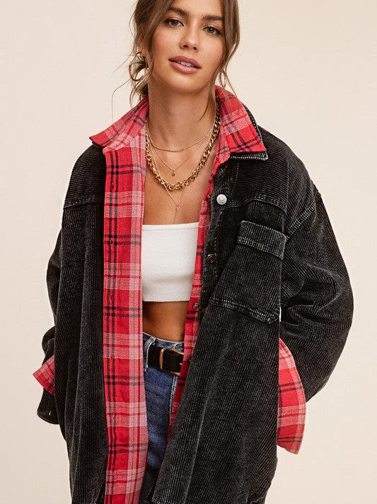 Come Alive Oversized Corduroy Shacket with Frayed Hem-Women's Shirts & Tops-Shop Z & Joxa