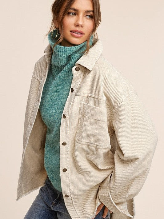 Come Alive Oversized Corduroy Shacket with Frayed Hem-Women's Shirts & Tops-Shop Z & Joxa