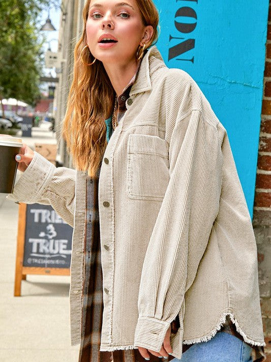 Come Alive Oversized Corduroy Shacket with Frayed Hem-Women's Shirts & Tops-Shop Z & Joxa