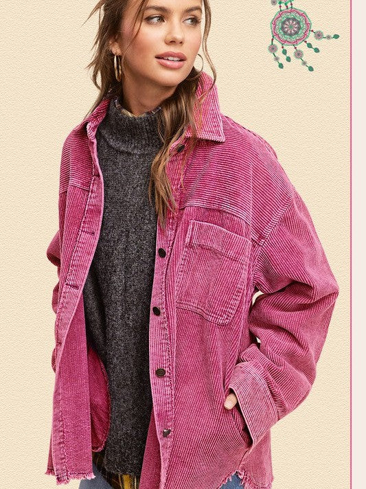 Come Alive Oversized Corduroy Shacket with Frayed Hem-Women's Shirts & Tops-Shop Z & Joxa