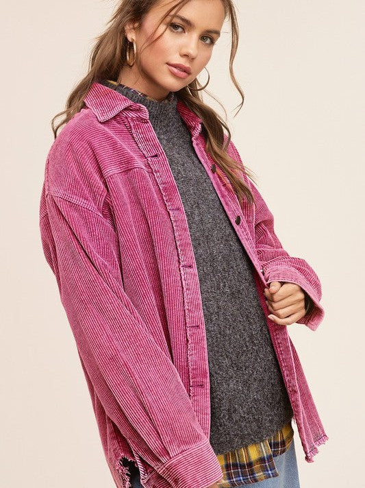 Come Alive Oversized Corduroy Shacket with Frayed Hem-Women's Shirts & Tops-Shop Z & Joxa