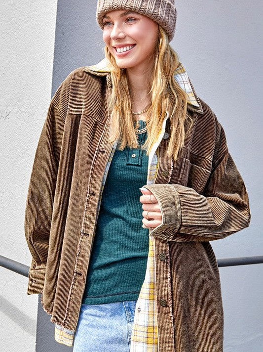 Come Alive Oversized Corduroy Shacket with Frayed Hem-Women's Shirts & Tops-Shop Z & Joxa