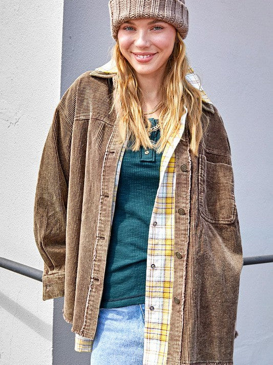 Come Alive Oversized Corduroy Shacket with Frayed Hem-Women's Shirts & Tops-Shop Z & Joxa