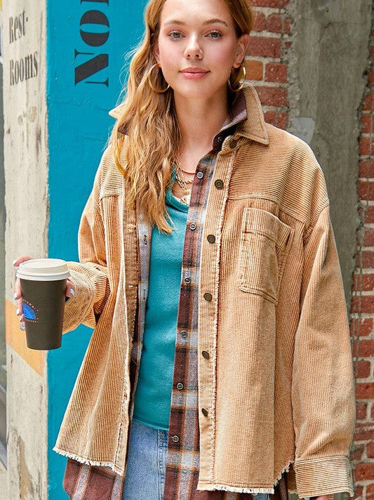 Come Alive Oversized Corduroy Shacket with Frayed Hem-Women's Shirts & Tops-Shop Z & Joxa