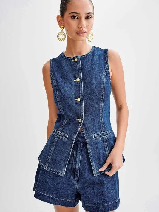 Confident Style Denim Sleeveless Vest and Short Set-Women's Shirts & Tops-Shop Z & Joxa