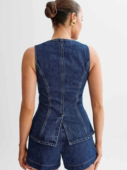 Confident Style Denim Sleeveless Vest and Short Set-Women's Shirts & Tops-Shop Z & Joxa