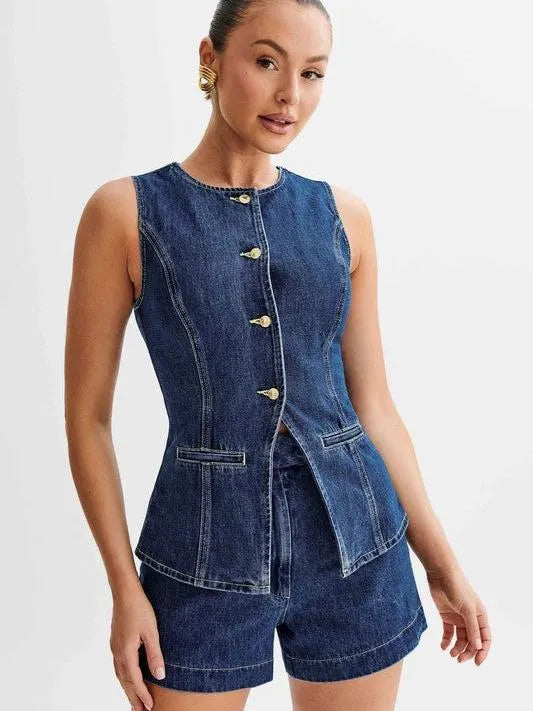 Confident Style Denim Sleeveless Vest and Short Set-Women's Shirts & Tops-Shop Z & Joxa