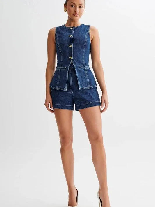 Confident Style Denim Sleeveless Vest and Short Set-Women's Shirts & Tops-Shop Z & Joxa