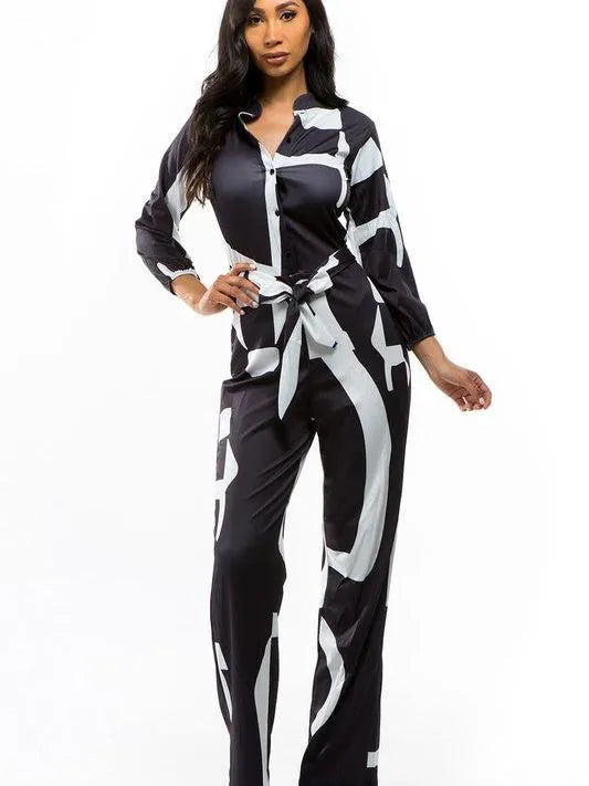 Conquer the World Button Front Long Sleeve Belt Tie Satin Jumpsuit-Women's Jumpsuits-Shop Z & Joxa