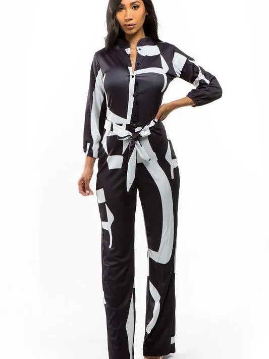 Conquer the World Button Front Long Sleeve Belt Tie Satin Jumpsuit-Women's Jumpsuits-Shop Z & Joxa