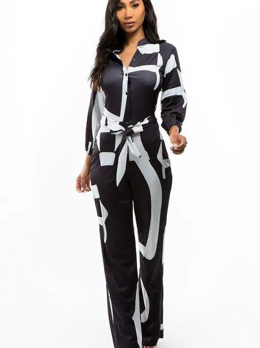 Conquer the World Button Front Long Sleeve Belt Tie Satin Jumpsuit-Women's Jumpsuits-Shop Z & Joxa