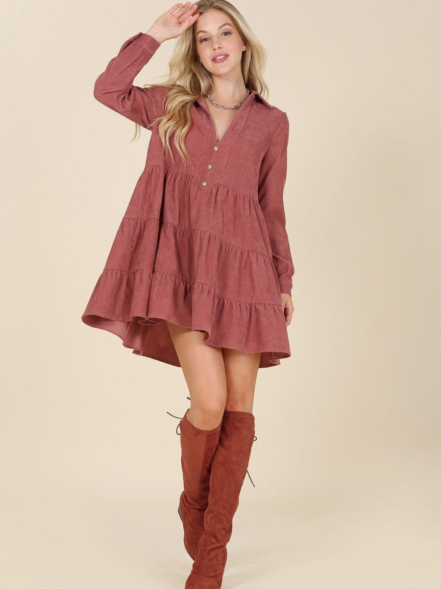Corduroy for the Win Tiered Babydoll Dress-Women's Clothing-Shop Z & Joxa