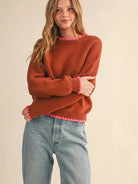 Cozy Contrast Brown & Fuchsia Blanket Stitch Sweater-Women's Shirts & Tops-Shop Z & Joxa