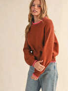 Cozy Contrast Brown & Fuchsia Blanket Stitch Sweater-Women's Shirts & Tops-Shop Z & Joxa