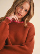 Cozy Contrast Brown & Fuchsia Blanket Stitch Sweater-Women's Shirts & Tops-Shop Z & Joxa