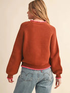 Cozy Contrast Brown & Fuchsia Blanket Stitch Sweater-Women's Shirts & Tops-Shop Z & Joxa