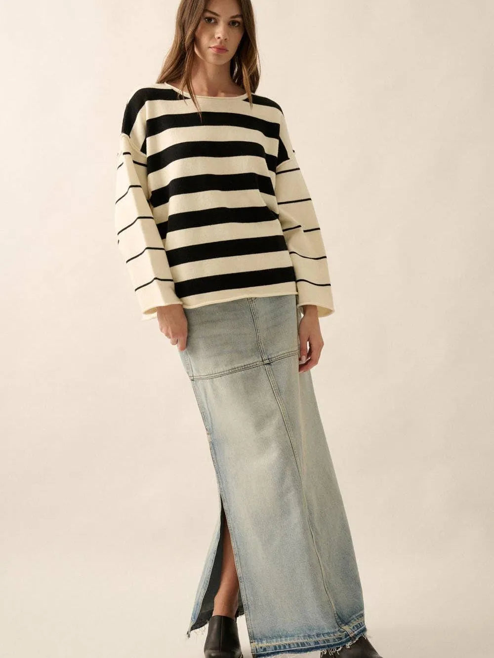 Cozy Lines Roll-Neck Knit Striped Exposed Seam Sweater-Women's Shirts & Tops-Shop Z & Joxa