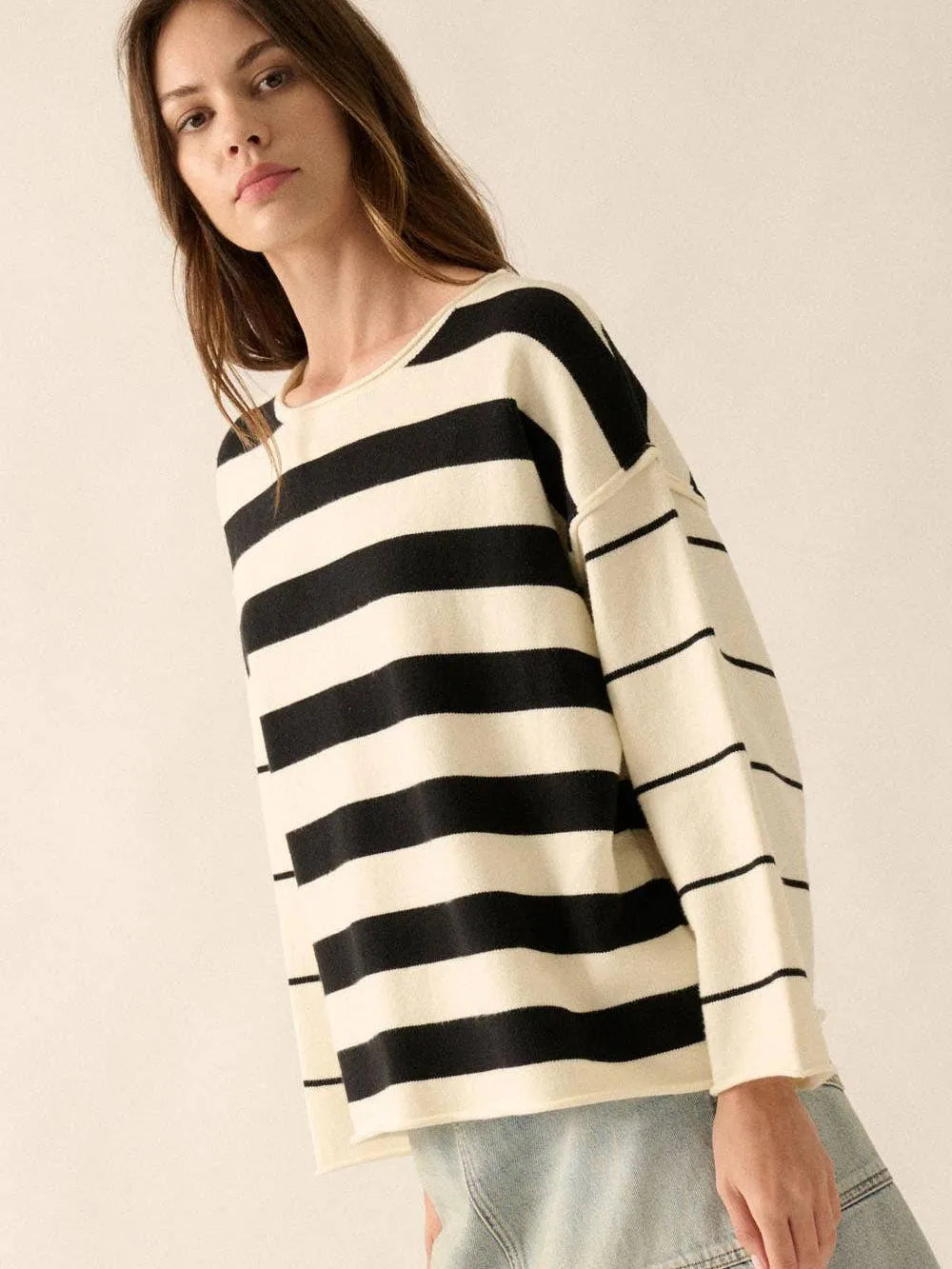 Cozy Lines Roll-Neck Knit Striped Exposed Seam Sweater-Women's Shirts & Tops-Shop Z & Joxa