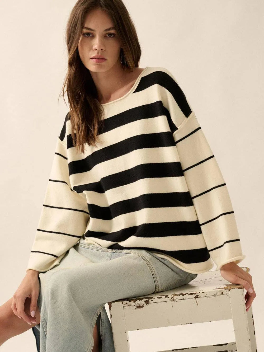 Cozy Lines Roll-Neck Knit Striped Exposed Seam Sweater-Women's Shirts & Tops-Shop Z & Joxa