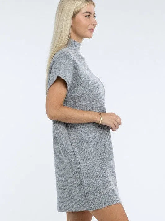 Crafted for Comfort Mock Neck Short Sleeve Sweater Dress with Pocket-Women's Clothing-Shop Z & Joxa