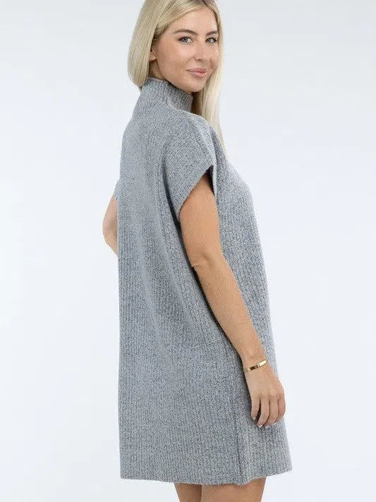 Crafted for Comfort Mock Neck Short Sleeve Sweater Dress with Pocket-Women's Clothing-Shop Z & Joxa