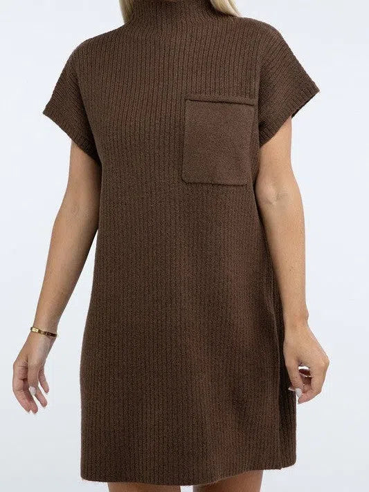 Crafted for Comfort Mock Neck Short Sleeve Sweater Dress with Pocket-Women's Clothing-Shop Z & Joxa