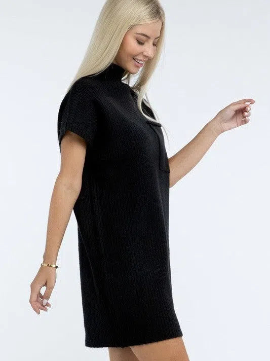 Crafted for Comfort Mock Neck Short Sleeve Sweater Dress with Pocket-Women's Clothing-Shop Z & Joxa