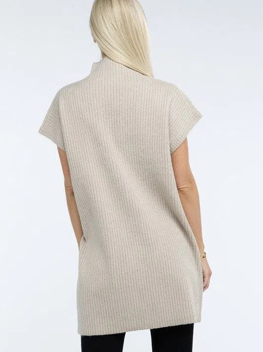 Crafted for Comfort Mock Neck Short Sleeve Sweater Dress with Pocket-Women's Clothing-Shop Z & Joxa