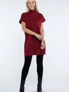 Crafted for Comfort Mock Neck Short Sleeve Sweater Dress with Pocket-Women's Clothing-Shop Z & Joxa