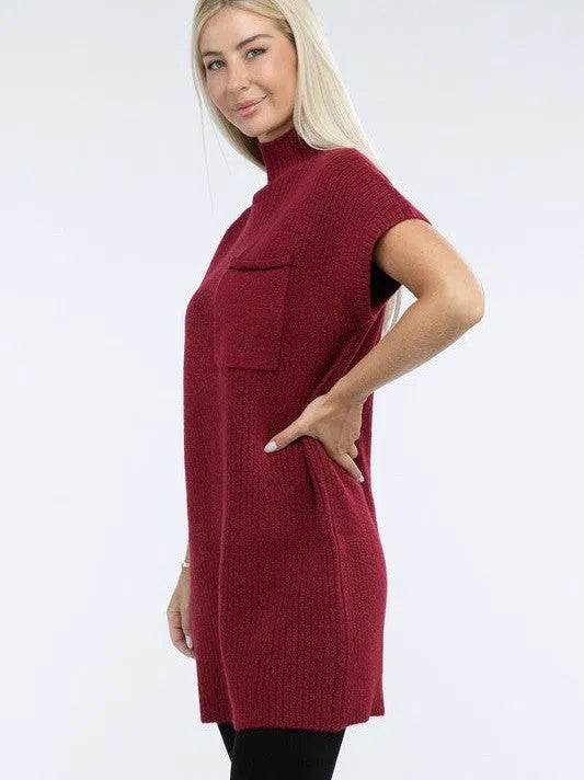 Crafted for Comfort Mock Neck Short Sleeve Sweater Dress with Pocket-Women's Clothing-Shop Z & Joxa