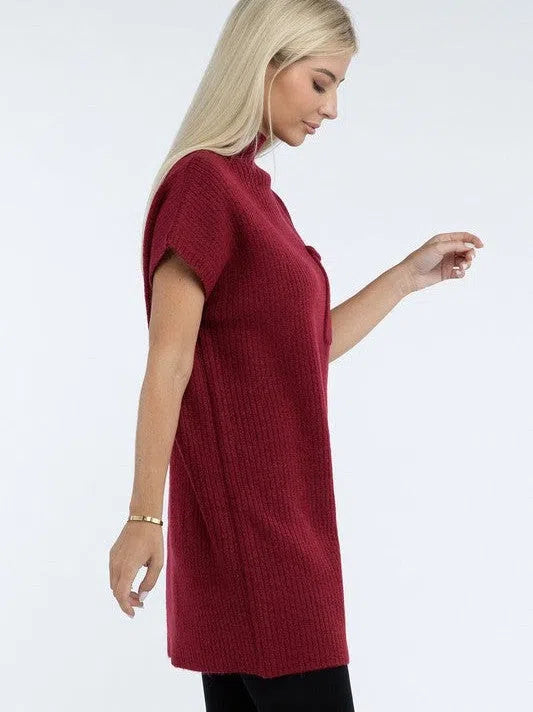 Crafted for Comfort Mock Neck Short Sleeve Sweater Dress with Pocket-Women's Clothing-Shop Z & Joxa