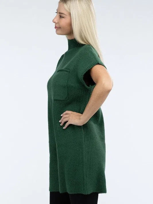 Crafted for Comfort Mock Neck Short Sleeve Sweater Dress with Pocket-Women's Clothing-Shop Z & Joxa