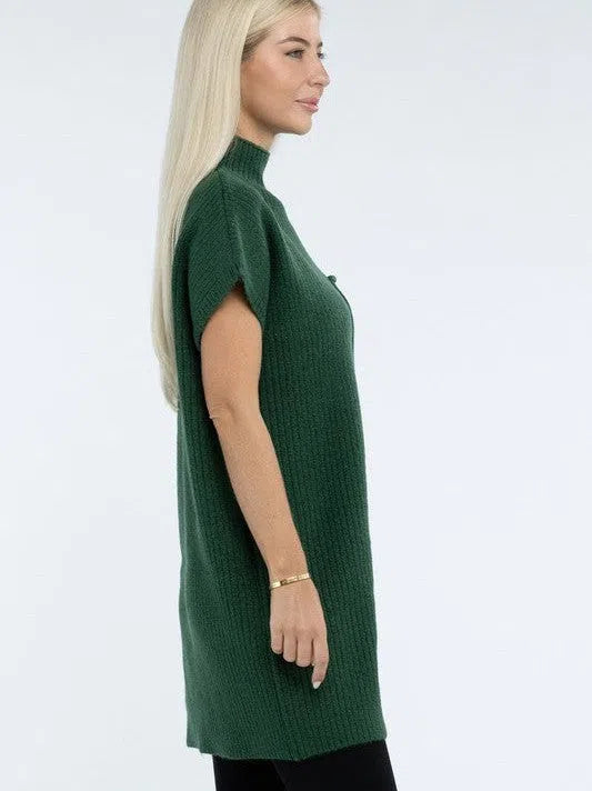 Crafted for Comfort Mock Neck Short Sleeve Sweater Dress with Pocket-Women's Clothing-Shop Z & Joxa