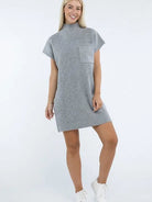 Crafted for Comfort Mock Neck Short Sleeve Sweater Dress with Pocket-Women's Clothing-Shop Z & Joxa