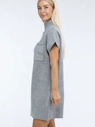 Crafted for Comfort Mock Neck Short Sleeve Sweater Dress with Pocket-Women's Clothing-Shop Z & Joxa