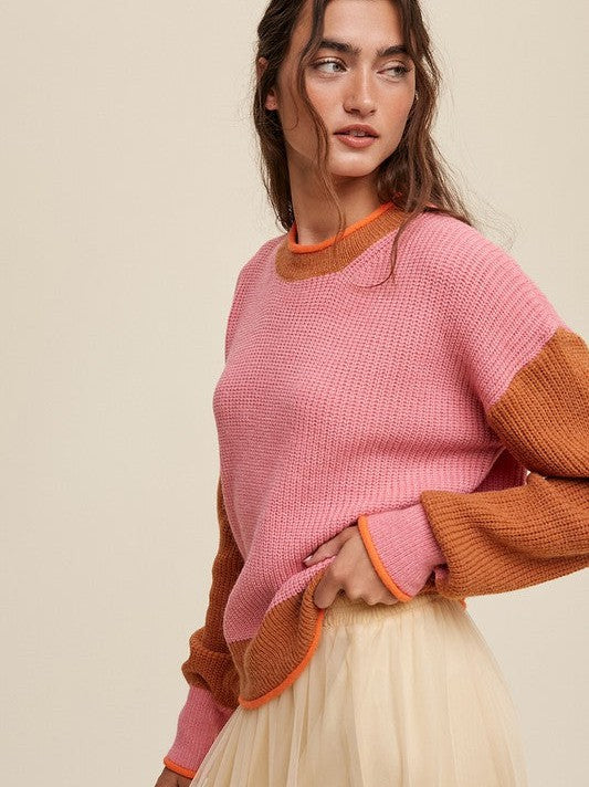 Crafted in PInk Ribbed Knit Color Block Sweater-Women's Clothing-Shop Z & Joxa