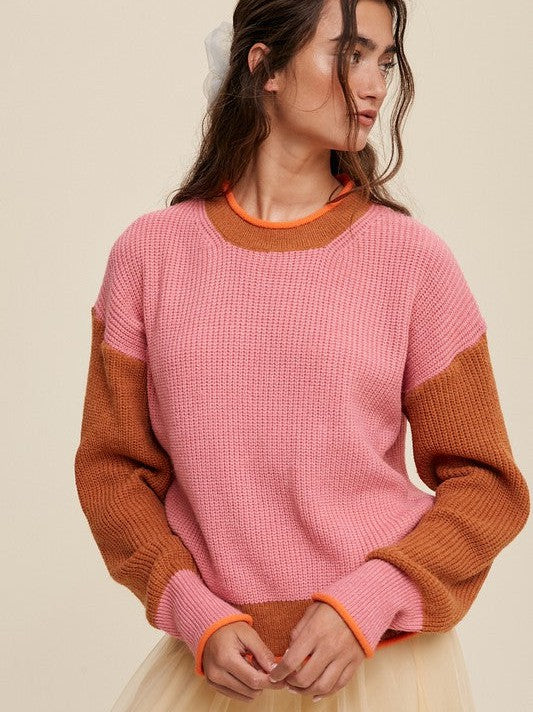 Crafted in PInk Ribbed Knit Color Block Sweater-Women's Clothing-Shop Z & Joxa