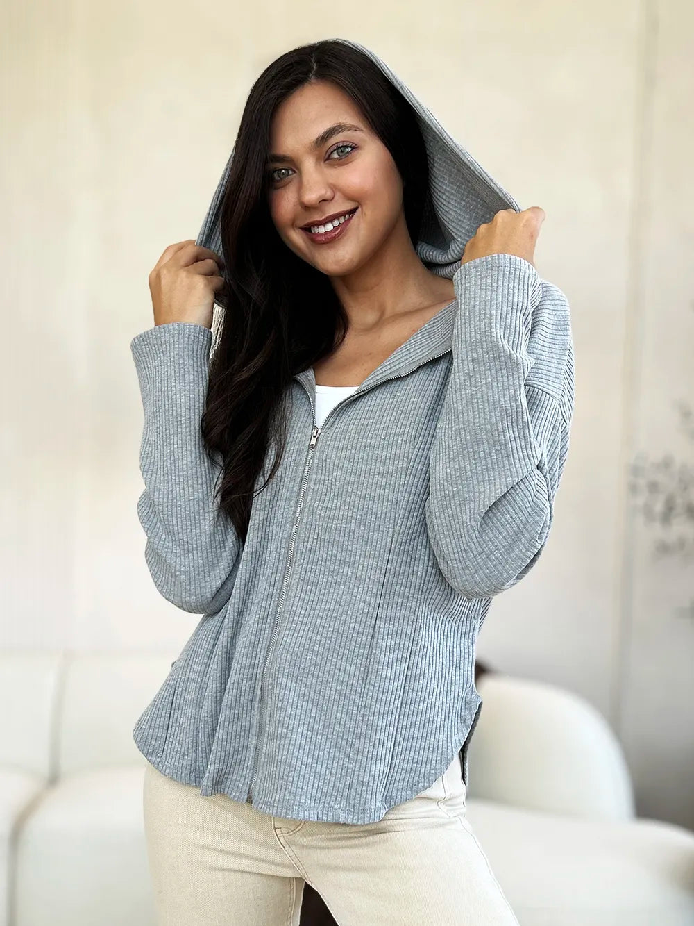 Culture Code Cozy on the Go Ribbed Zip Up Drawstring Hoodie-Coats & Jackets-Shop Z & Joxa