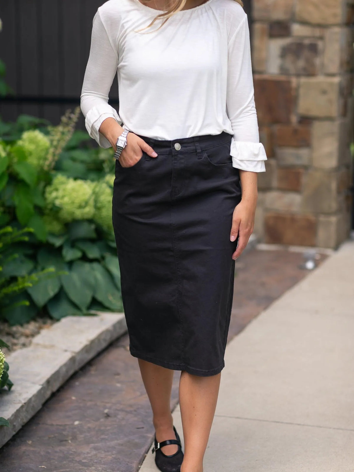 Denim Days Remi Onyx Black Denim Midi Skirt-Women's Skirts & Skorts-Shop Z & Joxa