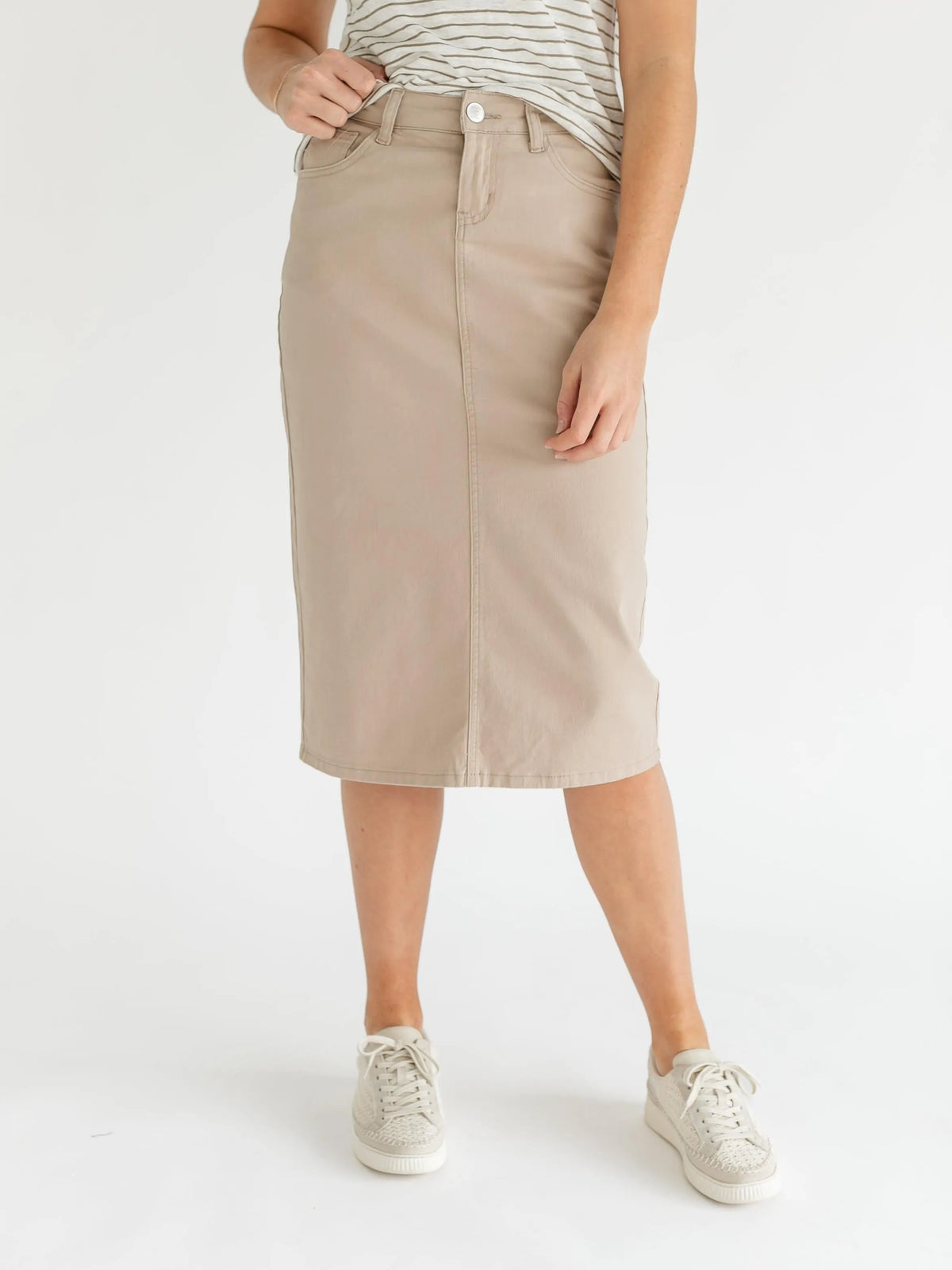 Denim Days Remi Simply Taupe Denim Midi Skirt-Women's Skirts & Skorts-Shop Z & Joxa