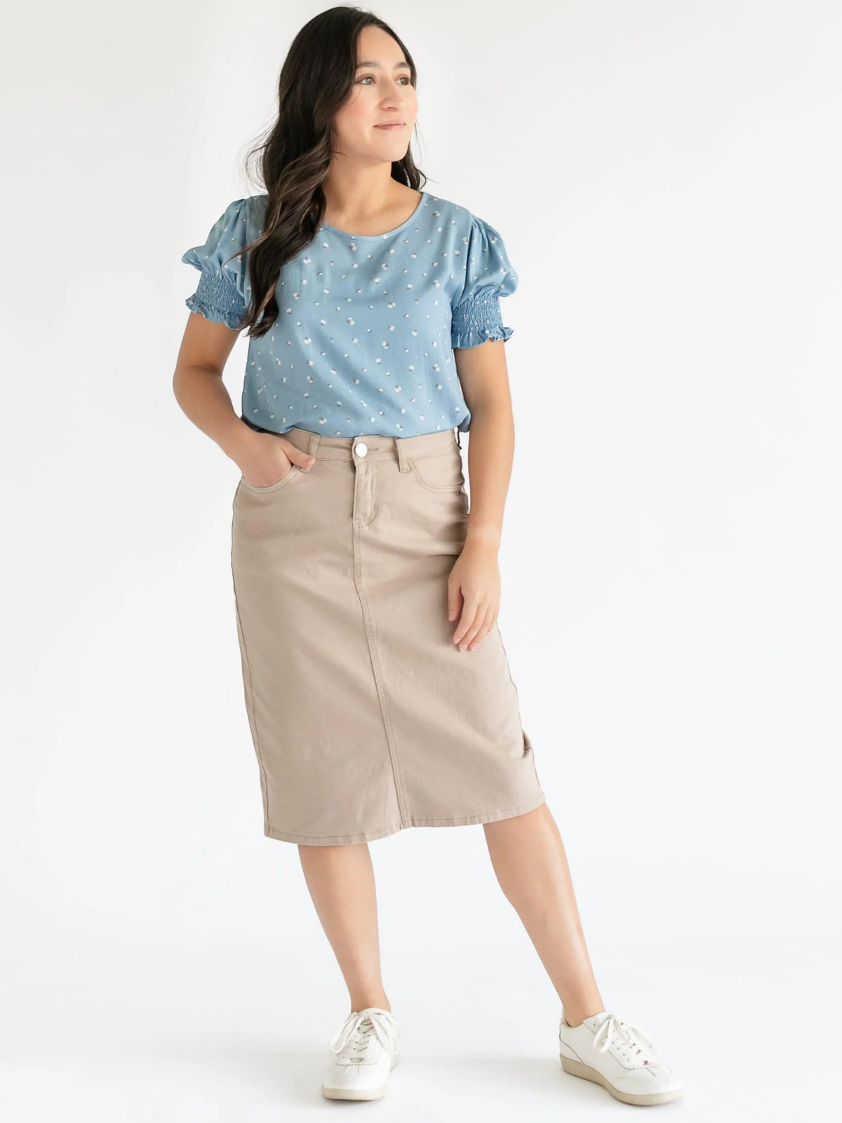 Denim Days Remi Simply Taupe Denim Midi Skirt-Women's Skirts & Skorts-Shop Z & Joxa