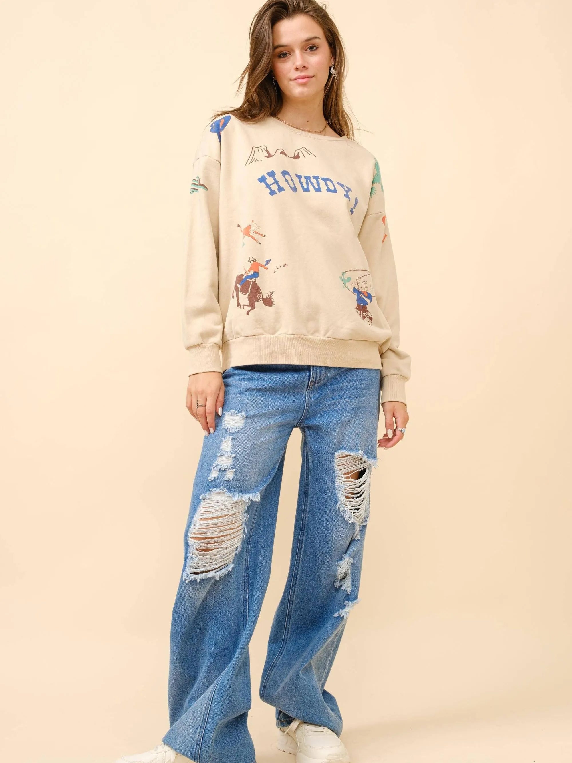 Desert Dreamin’ Howdy Western Crewneck Sweatshirt-Women's Shirts & Tops-Shop Z & Joxa