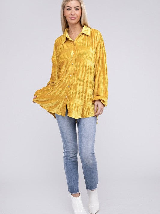 Distinctive in Velvet Wrinkle Effect Shirring Long Sleeve Velvet Shirt-Women's Clothing-Shop Z & Joxa