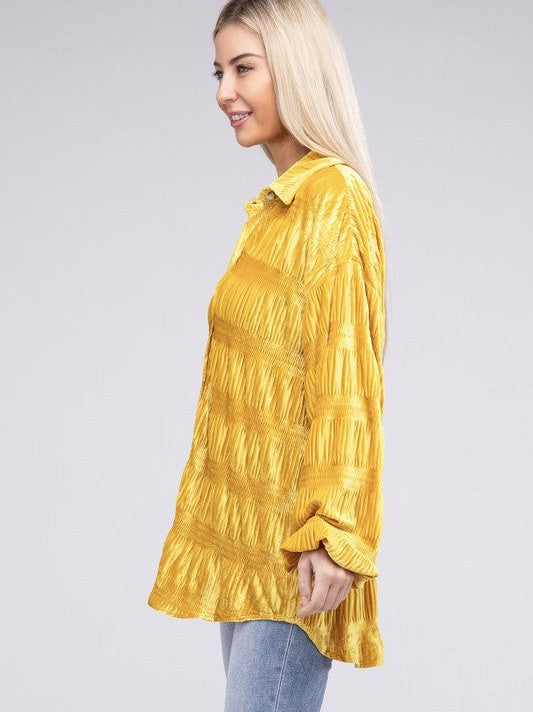 Distinctive in Velvet Wrinkle Effect Shirring Long Sleeve Velvet Shirt-Women's Clothing-Shop Z & Joxa