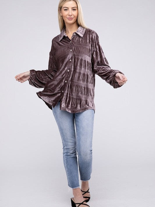 Distinctive in Velvet Wrinkle Effect Shirring Long Sleeve Velvet Shirt-Women's Shirts & Tops-Shop Z & Joxa