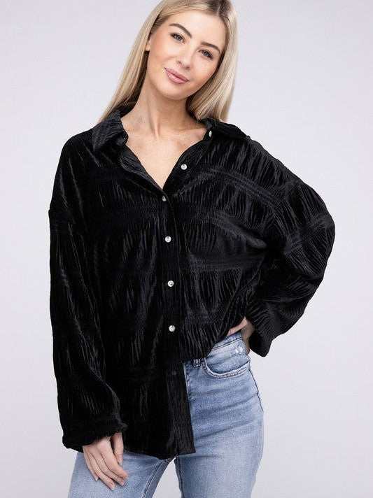 Distinctive in Velvet Wrinkle Effect Shirring Long Sleeve Velvet Shirt-Women's Shirts & Tops-Shop Z & Joxa